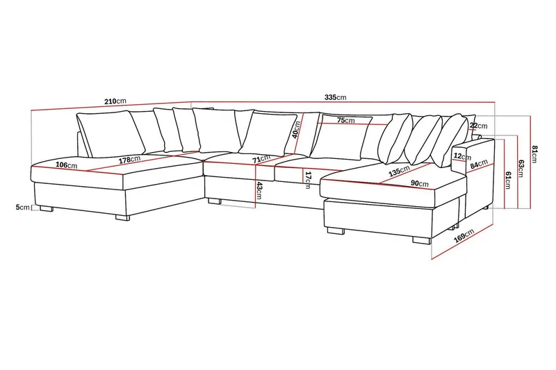 Rossita 5-seters Venstrevendt U-formet Dyp Sofa med Divan og Sjeselong i Chenille - Svart - Møbler - Sofaer - U-sofa