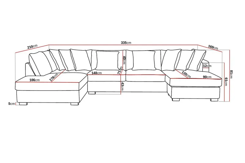 Rossita 5-seters Venstrevendt U-formet Dyp Sofa med Divan og Sjeselong i Chenille - Trenza 08, Grå/Brun Chenille - Møbler - Sofaer - U-sofa