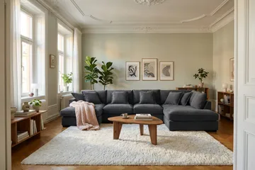 Rossita Lyx 5-seters høyrevendt U-formet ekstra dyp sofa med divan og sjeselong i chenille - Trenza 01, Svart Chenille - Møbler - Sofaer - U-sofa