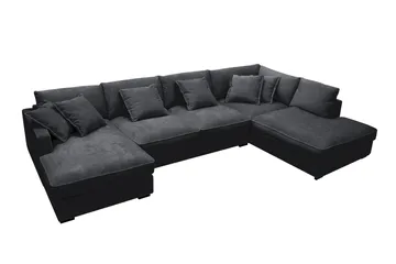 Rossita Lyx 5-seters høyrevendt U-formet ekstra dyp sofa med divan og sjeselong i chenille - Trenza 01, Svart Chenille - Møbler - Sofaer - U-sofa