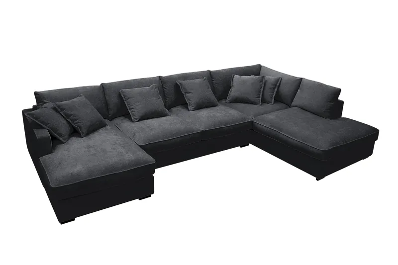 Rossita Lyx 5-seters høyrevendt U-formet ekstra dyp sofa med divan og sjeselong i chenille - Trenza 01, Svart Chenille - Møbler - Sofaer - U-sofa