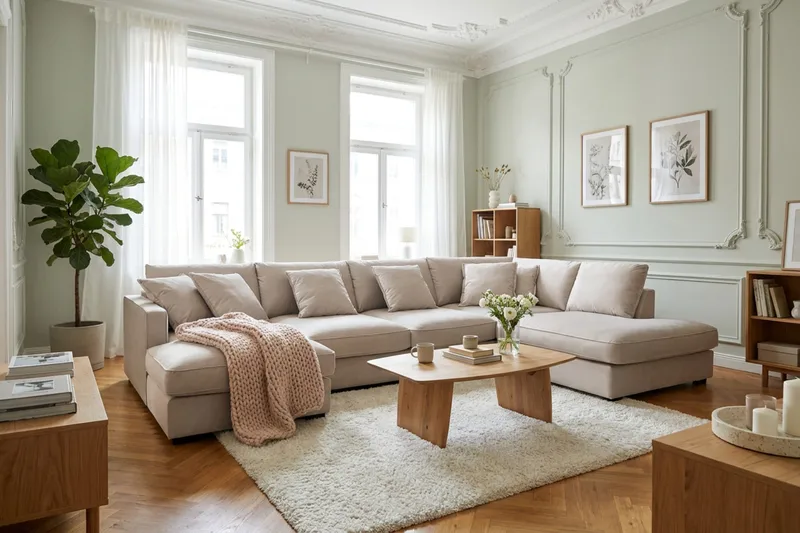 Rossita Lyx 5-seters høyrevendt U-formet ekstra dyp sofa med divan og sjeselong i fløyel - Beige - Møbler - Sofaer - Fløyelssofaer
