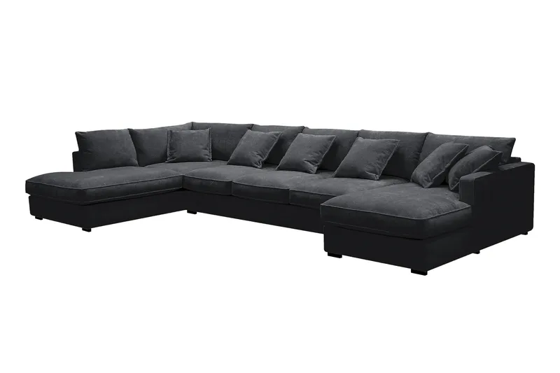 Rossita Lyx 6-seters høyrevendt U-formet ekstra dyp sofa med divan og sjeselong i chenille - Svart - Møbler - Sofaer - U-sofa