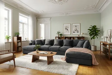 Rossita Lyx 6-seters høyrevendt U-formet ekstra dyp sofa med divan og sjeselong i chenille - Trenza 01, Svart Chenille - Møbler - Sofaer - U-sofa