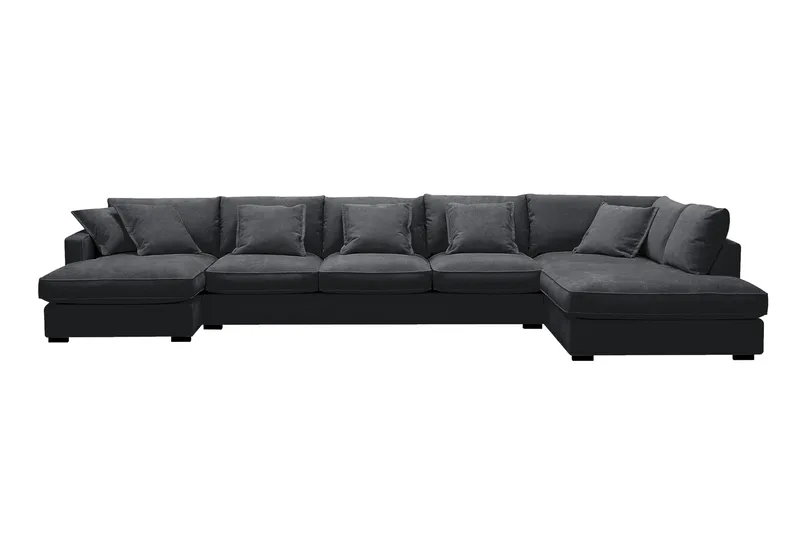 Rossita Lyx 6-seters høyrevendt U-formet ekstra dyp sofa med divan og sjeselong i chenille, Trenza 01, Svart Chenille