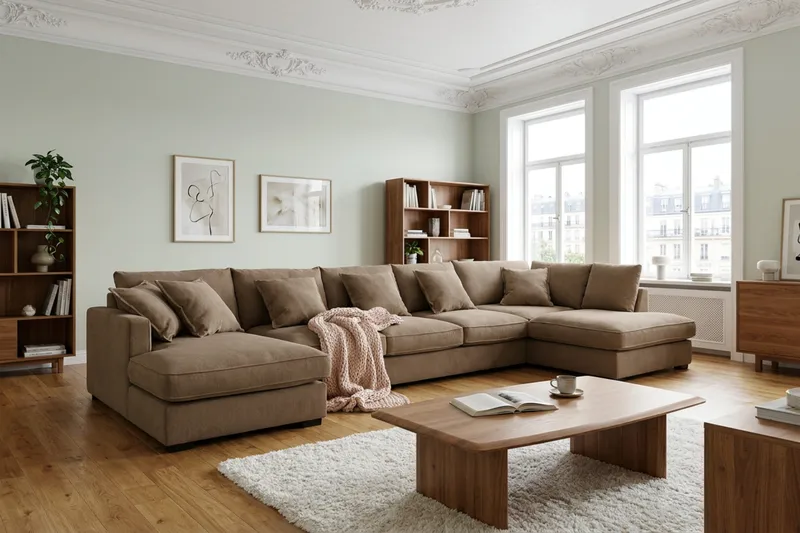 Rossita Lyx 6-seters høyrevendt U-formet ekstra dyp sofa med divan og sjeselong i manchester - Lysebrun - Møbler - Sofaer - U-sofa