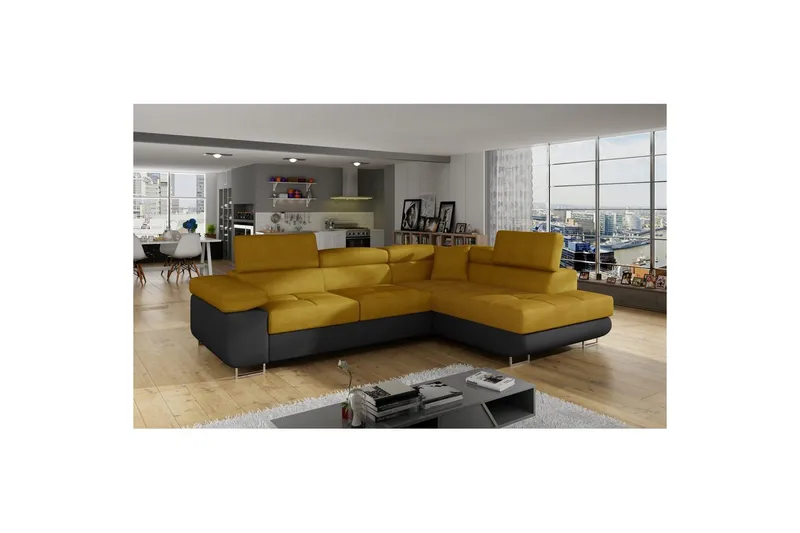 Seksjon Eltap Anton 272x203x85 cm - Omega 68, Soft 11, Gul, Svart, Høyre - Møbler - Sofaer - Skinnsofaer