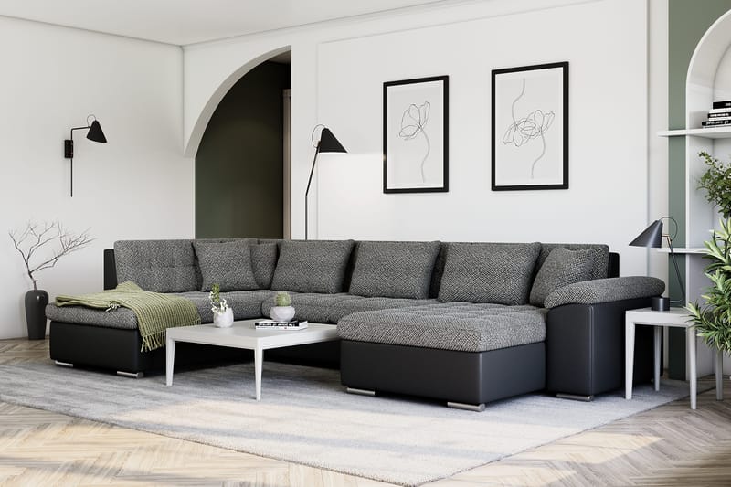 Dynir Stor Hjørnesovesofa Divan med Oppbevaring Høyre 350 cm - Svart / Grå - Møbler - Sofaer - Skinnsofaer