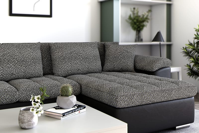 Dynir Stor Hjørnesovesofa Divan med Oppbevaring Høyre 350 cm - Svart / Grå - Møbler - Sofaer - Skinnsofaer