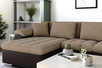 Dynir Stor Hjørnesovesofa Divan med Oppbevaring Venstre 350 cm bred - Beige / Brun - Møbler - Sofaer - Skinnsofaer