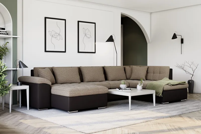 Dynir Stor Hjørnesovesofa Divan med Oppbevaring Venstre 350 cm bred - Beige / Brun - Møbler - Sofaer - Skinnsofaer