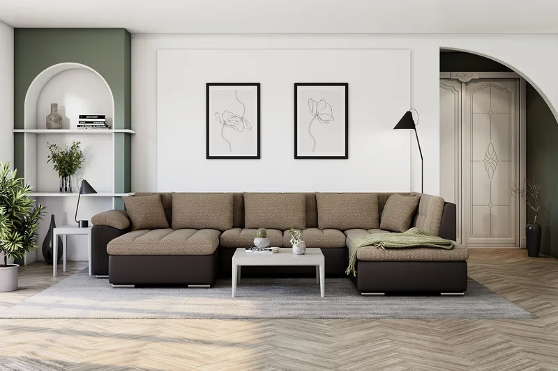 Dynir Stor Hjørnesovesofa Divan med Oppbevaring Venstre 350 cm bred - Beige / Brun - Møbler - Sofaer - Skinnsofaer