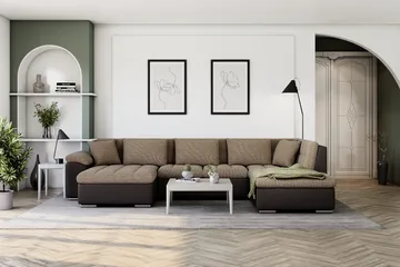 Dynir Stor Hjørnesovesofa Divan med Oppbevaring Venstre 350 cm bred - Beige / Brun - Møbler - Sofaer - Skinnsofaer