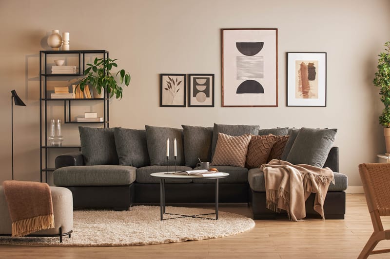 Ocean 4-seters Høyrevendt U-formet Sofa med Divan og Sjeselong i Stoff/Kunstskinn - Grå / Svart - Møbler - Sofaer - Skinnsofaer