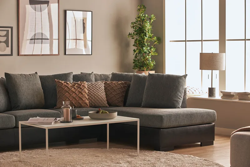 Ocean 5-seters Høyrevendt U-formet Large Sofa med Divan og Sjeselong i Kunstlær/Stoff - Grå / Svart - Møbler - Sofaer - Skinnsofaer