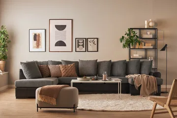 Ocean 5-seters Venstrevendt U-formet Large Sofa med Divan og Sjeselong i Kunstlær/Stoff - Grå / Svart - Møbler - Sofaer - Skinnsofaer