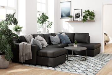 Porto 4-seters Høyrevendt U-formet Sofa med Divan og Sjeselong i Kunstskinn - Svart - Møbler - Sofaer - Skinnsofaer