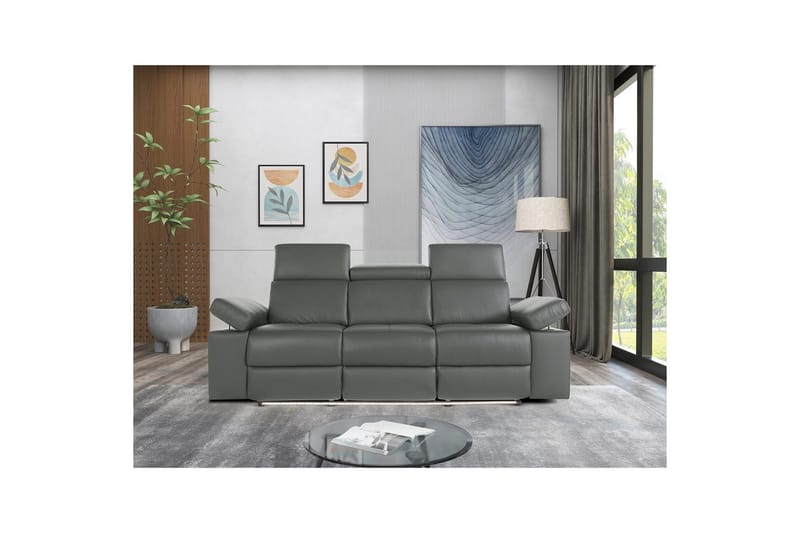 Sofa 3-seter Rayland Grå, Lær/PU, Manuell hvilestol - Grå, Lær/PU, Manuell hvilestol - Møbler - Sofaer - Reclinersofaer