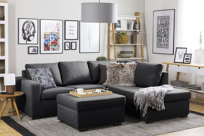 Crazy 3-seters Høyrevendt L-formet Sjeselongsofa i Stoff - Mørk grå - Møbler - Sofaer - Sofaer med sjeselong - 2 seters sofa med divan