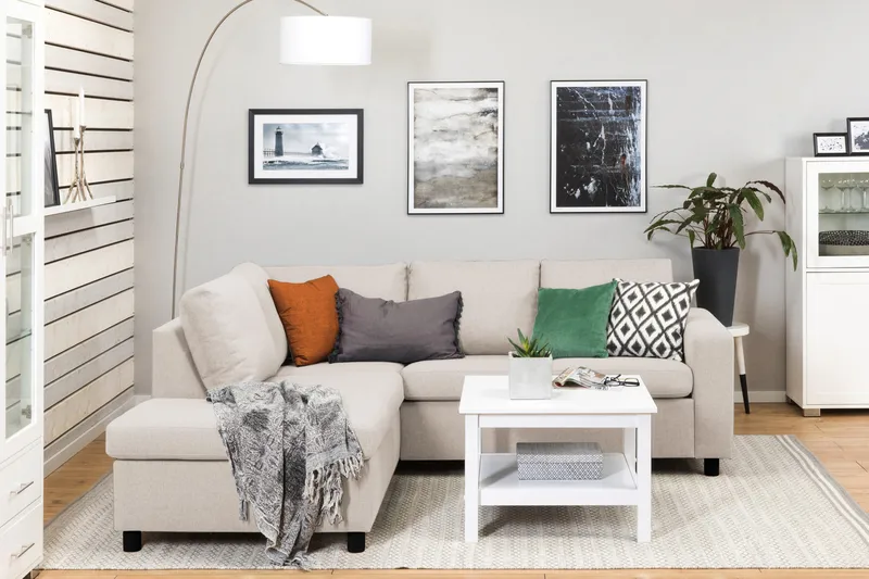 Crazy 3-seters Venstrevendt L-formet Sjeselongsofa i Stoff - Beige - Møbler - Sofaer - Sofaer med sjeselong - 2 seters sofa med divan