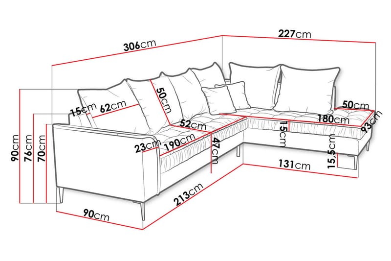 3-seters Hjørnesofa Mierzen - Blå - Fløyelssofaer - 3 seters sofa med divan - Sofaer med sjeselong