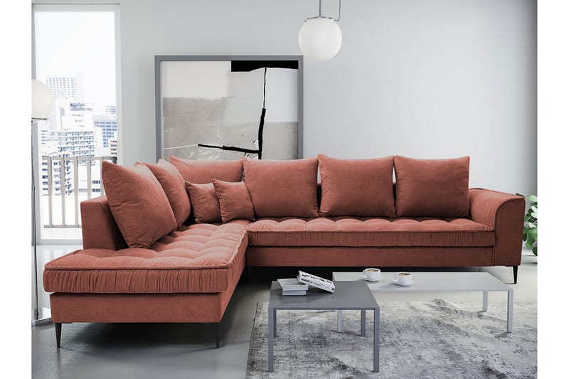 3-seters Hjørnesofa Mierzen - Rosa - Fløyelssofaer - 3 seters sofa med divan - Sofaer med sjeselong