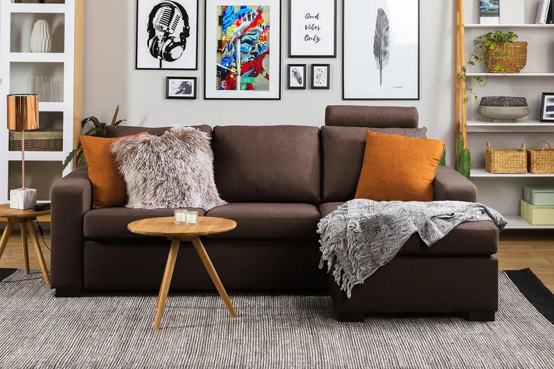 Crazy 3-seters Vendbar L-formet Sjeselongsofa i Stoff - Brun - Møbler - Sofaer - Sofaer med sjeselong - 3 seters sofa med divan