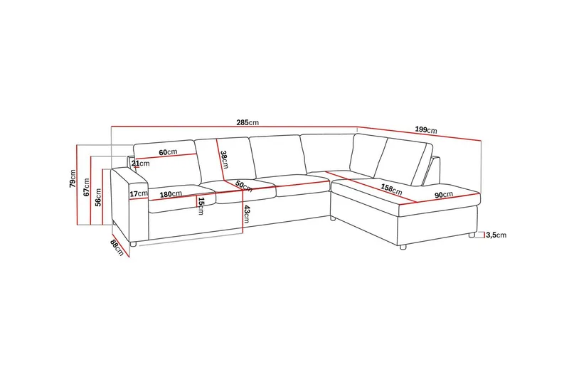Crazy 4-seters Høyrevendt L-formet Sjeselongsofa i Stoff - Antrasitt - Møbler - Sofaer - Sofaer med sjeselong - 3 seters sofa med divan