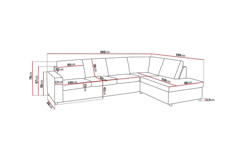 Crazy 4-seters Høyrevendt L-formet Sjeselongsofa i Stoff - Antrasitt - Møbler - Sofaer - Sofaer med sjeselong - 3 seters sofa med divan