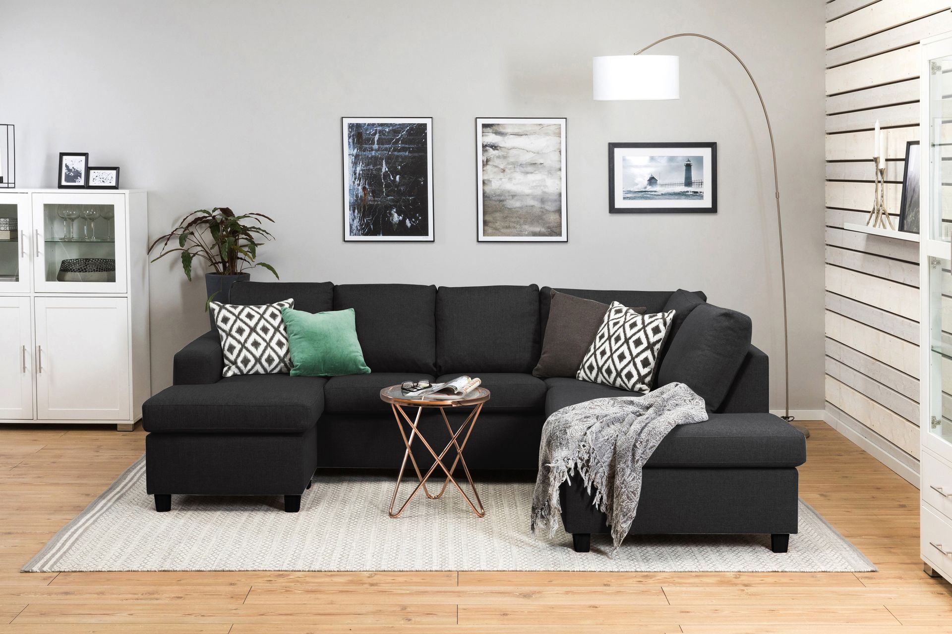 Crazy 4-seters Høyrevendt U-formet Large Sofa med Divan og Sjeselong i Stoff - Antrasitt - Møbler - Sofaer - Sofaer med sjeselong - 3 seters sofa med divan