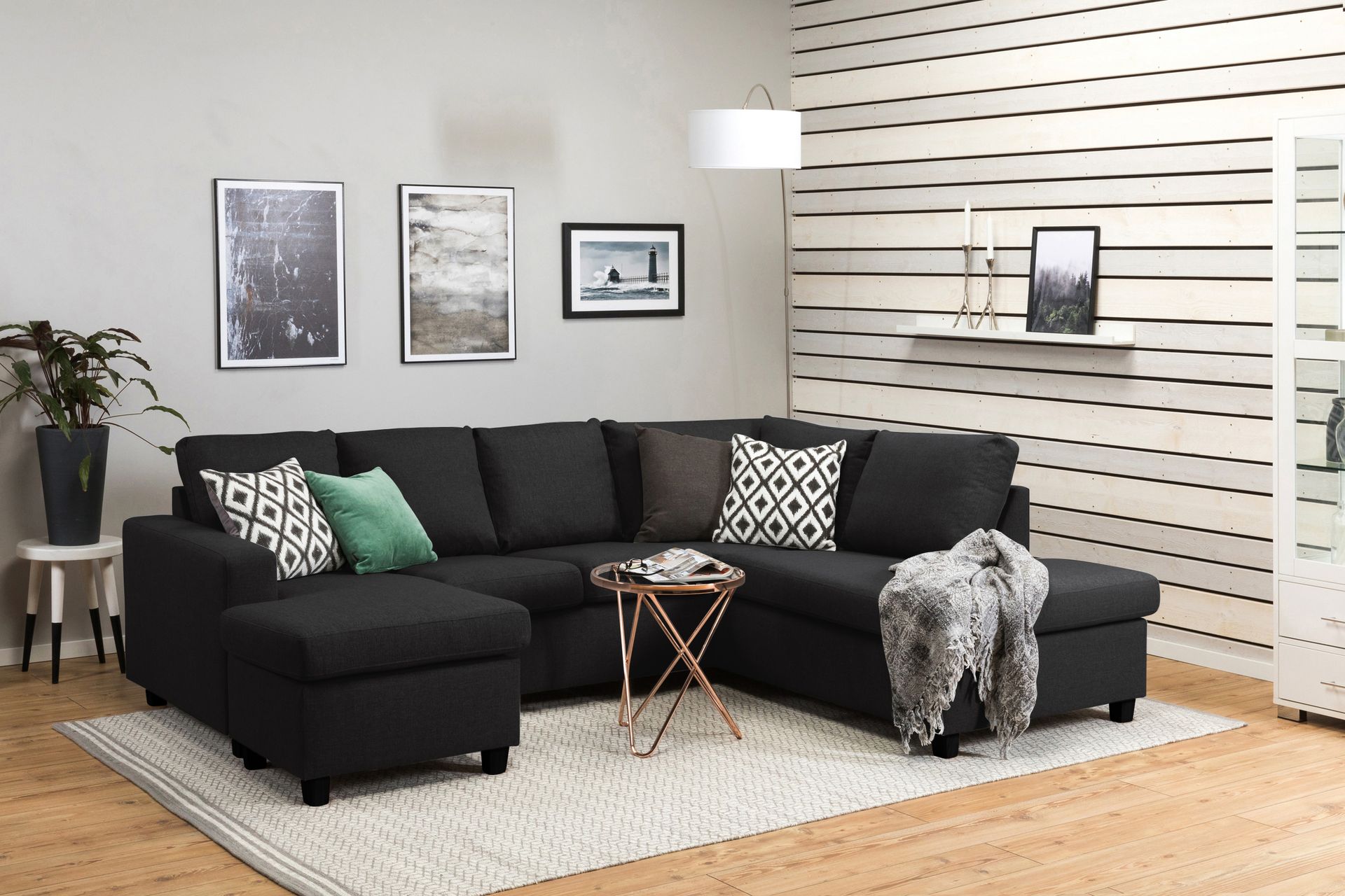 Crazy 4-seters Høyrevendt U-formet Large Sofa med Divan og Sjeselong i Stoff - Antrasitt - Møbler - Sofaer - Sofaer med sjeselong - 3 seters sofa med divan