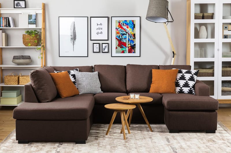 Crazy 4-seters Høyrevendt U-formet Small Sofa med Divan og Sjeselong i Stoff - Brun - Møbler - Sofaer - Sofaer med sjeselong - 3 seters sofa med divan