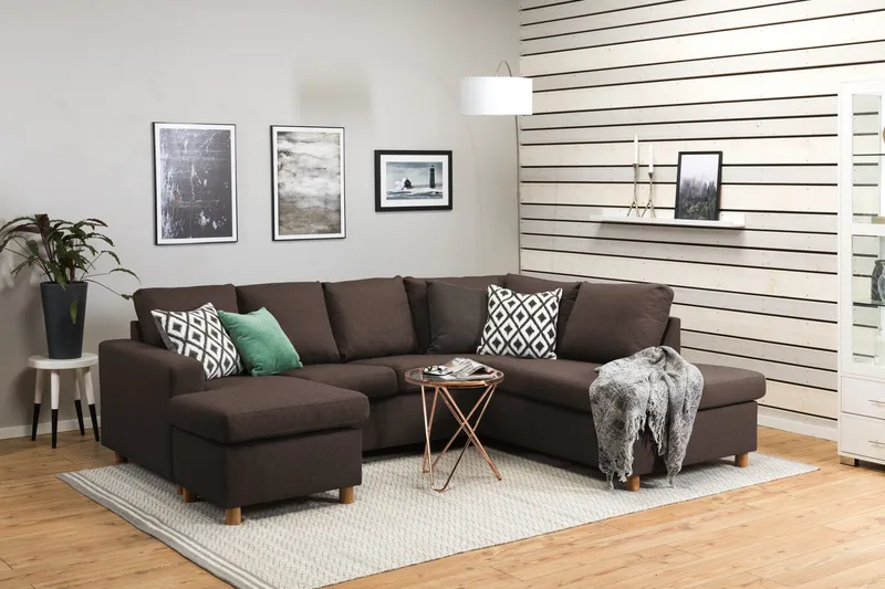 Crazy 4-seters Høyrevendt U-formet Small Sofa med Divan og Sjeselong i Stoff - Brun - Møbler - Sofaer - Sofaer med sjeselong - 3 seters sofa med divan