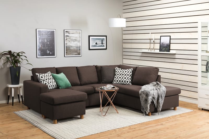 Crazy 4-seters Høyrevendt U-formet Small Sofa med Divan og Sjeselong i Stoff - Brun - Møbler - Sofaer - Sofaer med sjeselong - 3 seters sofa med divan