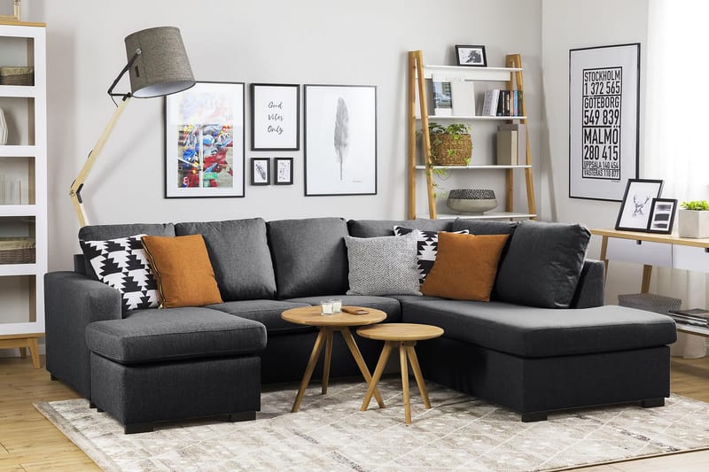 Crazy 4-seters Høyrevendt U-formet Small Sofa med Divan og Sjeselong i Stoff - Mørk grå - Møbler - Sofaer - Sofaer med sjeselong - 3 seters sofa med divan