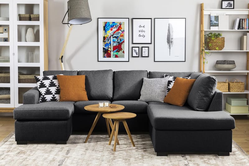 Crazy 4-seters Høyrevendt U-formet Small Sofa med Divan og Sjeselong i Stoff - Mørk grå - Møbler - Sofaer - Sofaer med sjeselong - 3 seters sofa med divan
