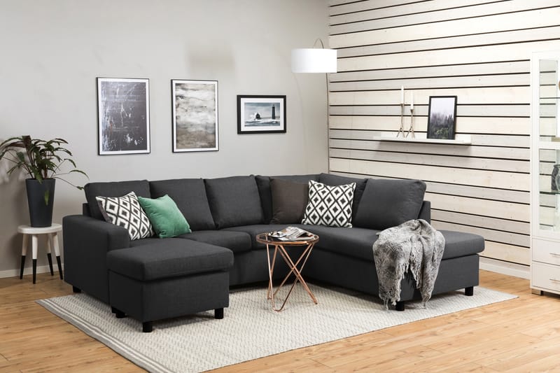 Crazy 4-seters Høyrevendt U-formet Small Sofa med Divan og Sjeselong i Stoff - Mørk grå - Møbler - Sofaer - Sofaer med sjeselong - 3 seters sofa med divan