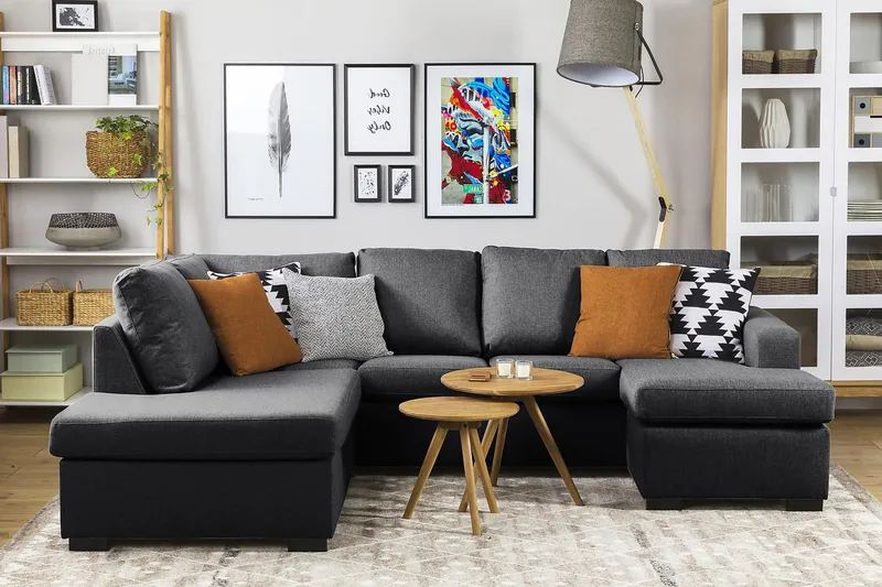 Crazy 4-seters Venstrevendt U-formet Small Sofa med Divan og Sjeselong i Stoff - Mørk grå - Møbler - Sofaer - Sofaer med sjeselong - 3 seters sofa med divan