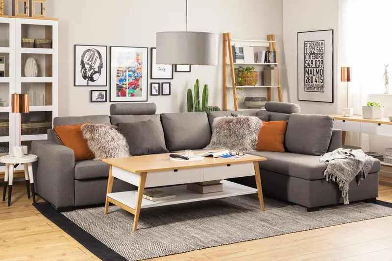 Crazy Limited Edition 4-seters Høyrevendt L-formet Sjeselongsofa i Stoff - Grå - Møbler - Sofaer - Sofaer med sjeselong - 4 seters sofa med divan