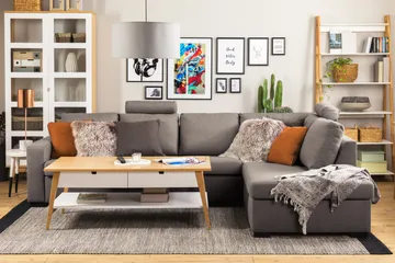 Crazy Limited Edition 4-seters Høyrevendt L-formet Sjeselongsofa i Stoff - Grå - Møbler - Sofaer - Sofaer med sjeselong - 4 seters sofa med divan