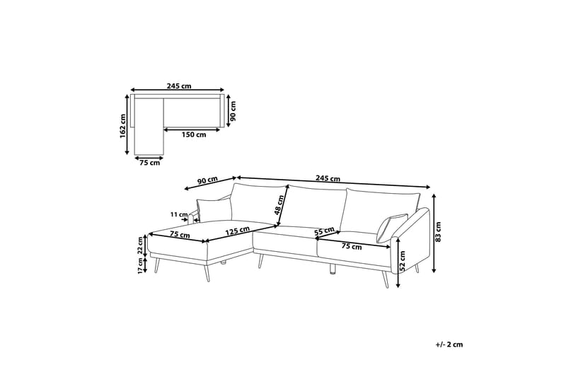 Hjørnesofa Zaney Høyre med LED-Belysning Fløyel - Grå - 3 seters sofa med divan - Sofaer med sjeselong