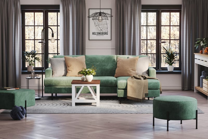 Menard Compact 3-seters Høyrevendt L-formet Divansofa i Fløyel - Mørk grønn - Møbler - Sofaer - Sofaer med sjeselong - 3 seters sofa med divan