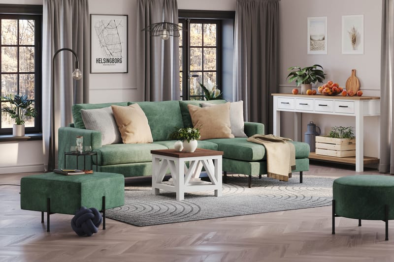 Menard Compact 3-seters Høyrevendt L-formet Divansofa i Fløyel - Mørk grønn - Møbler - Sofaer - Sofaer med sjeselong - 3 seters sofa med divan
