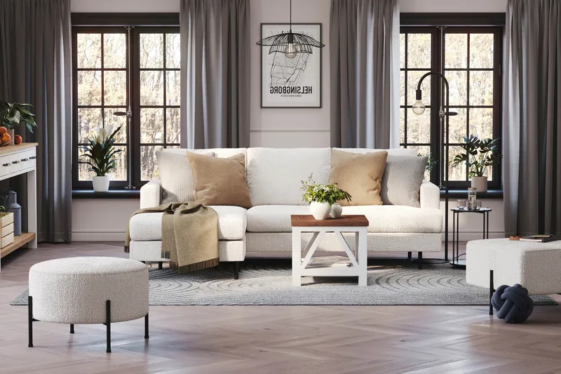 Menard Compact 3-seters Venstrevendt L-formet Divansofa i Bouclé - Hvit - Møbler - Sofaer - Sofaer med sjeselong - 3 seters sofa med divan