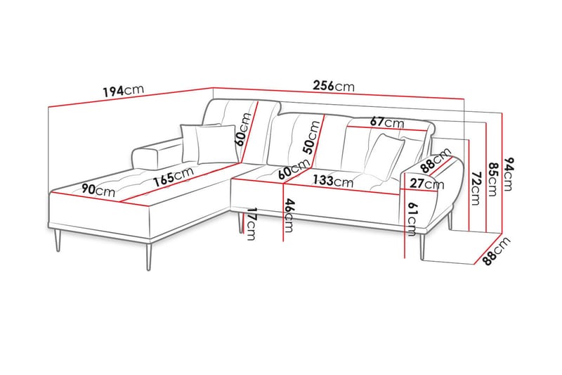 3-seters Sofa med Divan Rapana Høyre med Puter - Fløyel/Lysegrå/Svart - Fløyelssofaer - 3 seters sofa med divan - Sofaer med sjeselong