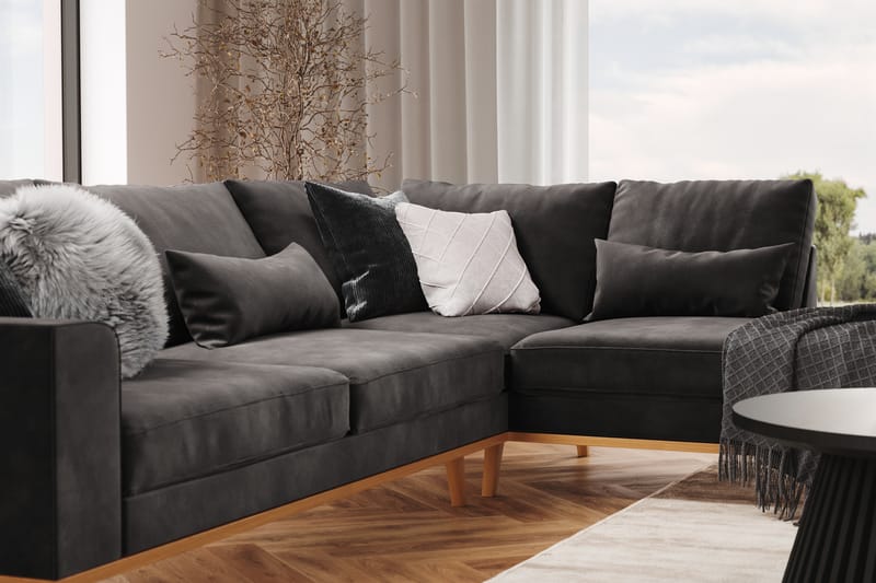 Copenhagen 4-seters Høyrevendt L-formet Divansofa i Fløyel - Mørk grå - Møbler - Sofaer - Sofaer med sjeselong - 4 seters sofa med divan