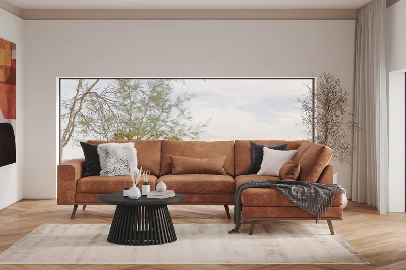 Copenhagen 4-seters Høyrevendt L-formet Divansofa i Kunstlær - Brun - Møbler - Sofaer - Sofaer med sjeselong - 4 seters sofa med divan