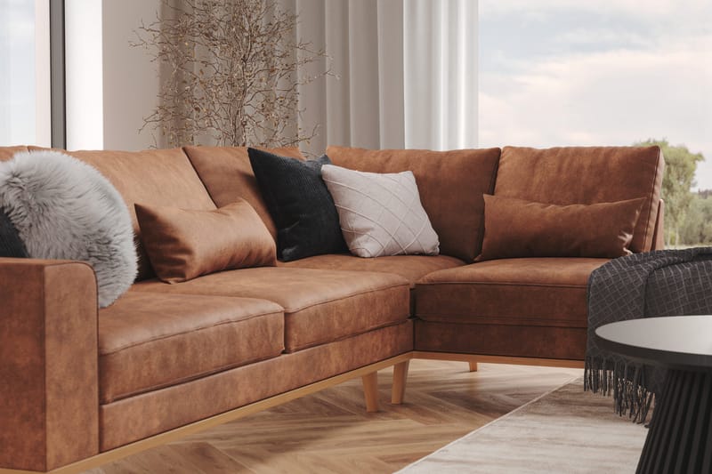 Copenhagen 4-seters Høyrevendt L-formet Divansofa i Kunstlær - Brun - Møbler - Sofaer - Sofaer med sjeselong - 4 seters sofa med divan