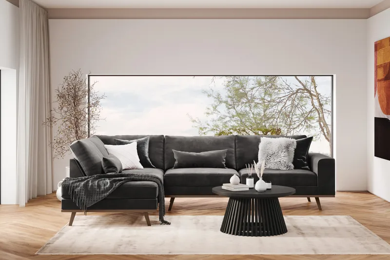 Copenhagen 4-seters Venstrevendt L-formet Divansofa i Fløyel - Mørk grå - Møbler - Sofaer - Sofaer med sjeselong - 4 seters sofa med divan