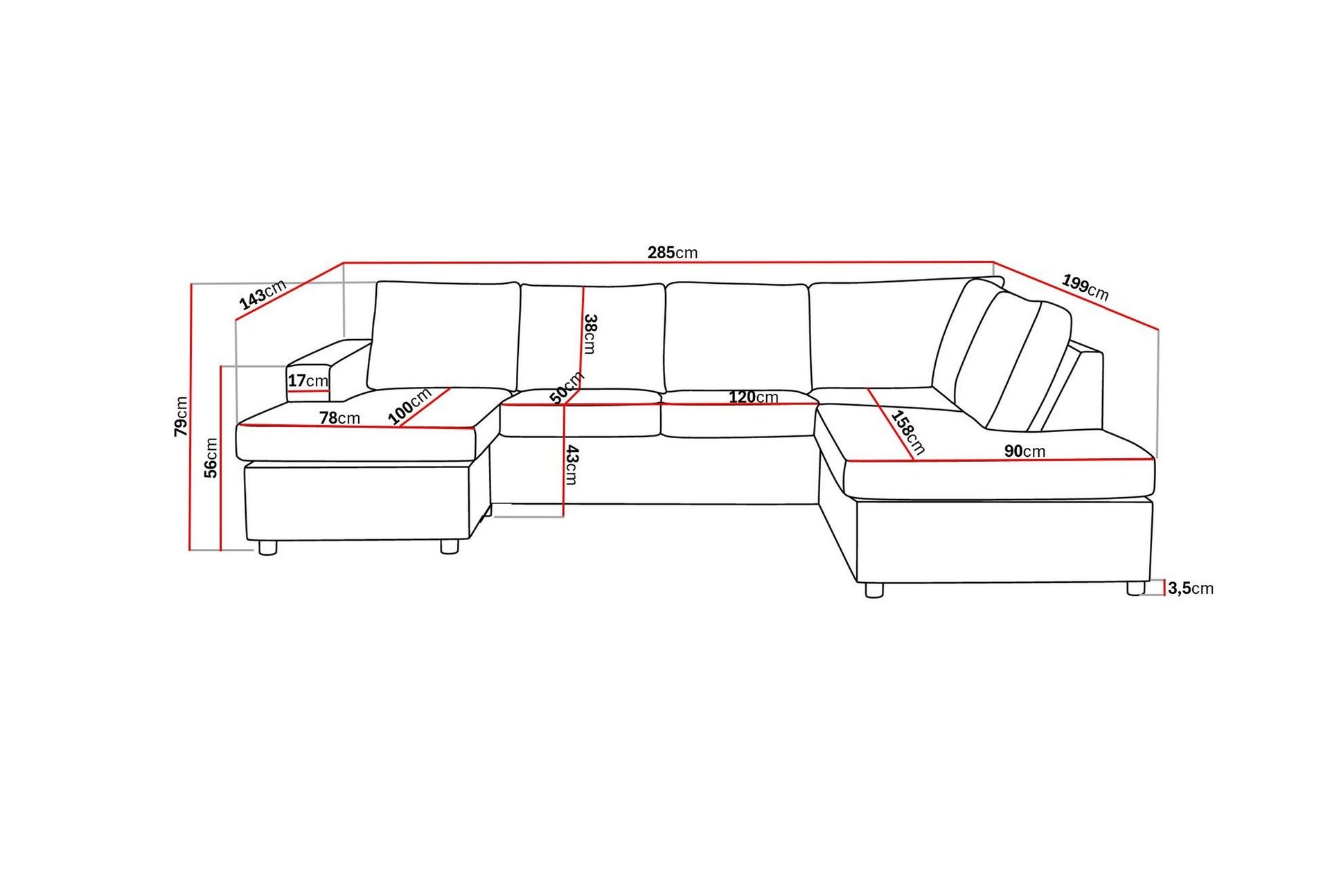 Crazy 4-seters Høyrevendt U-formet Large Sofa med Divan og Sjeselong i Stoff - Antrasitt - Møbler - Sofaer - Sofaer med sjeselong - 4 seters sofa med divan